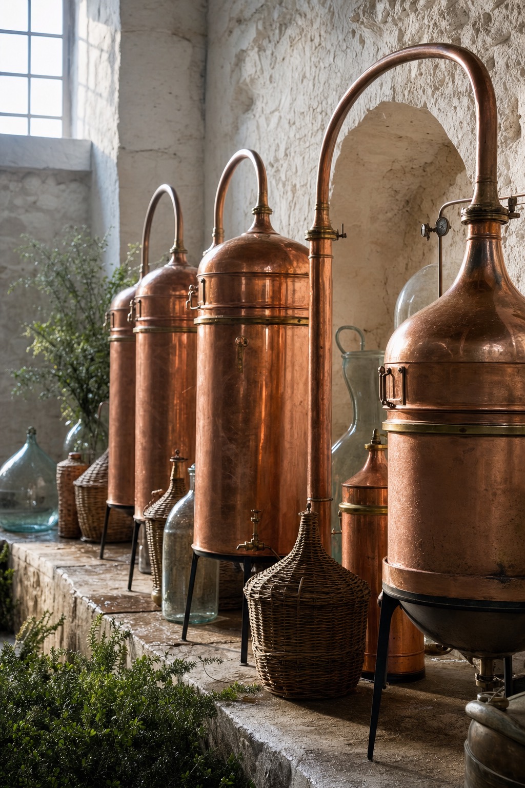 A row of tall copper extraction vessels in a whitewashed stone workshop with morning light on the polished copper.