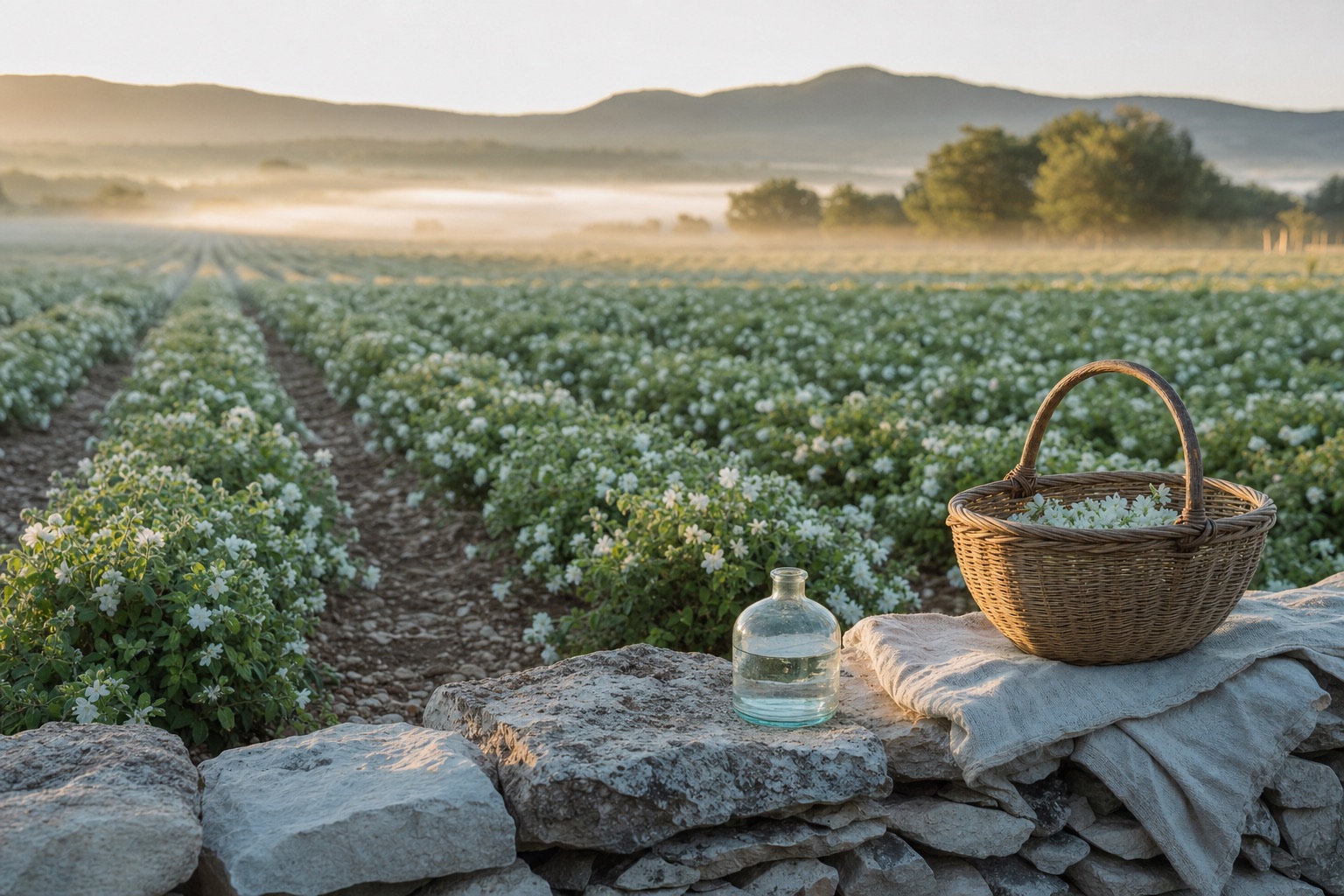 Long rows of low jasmine bushes in a Provençal field at dawn with mist lying between the rows.
