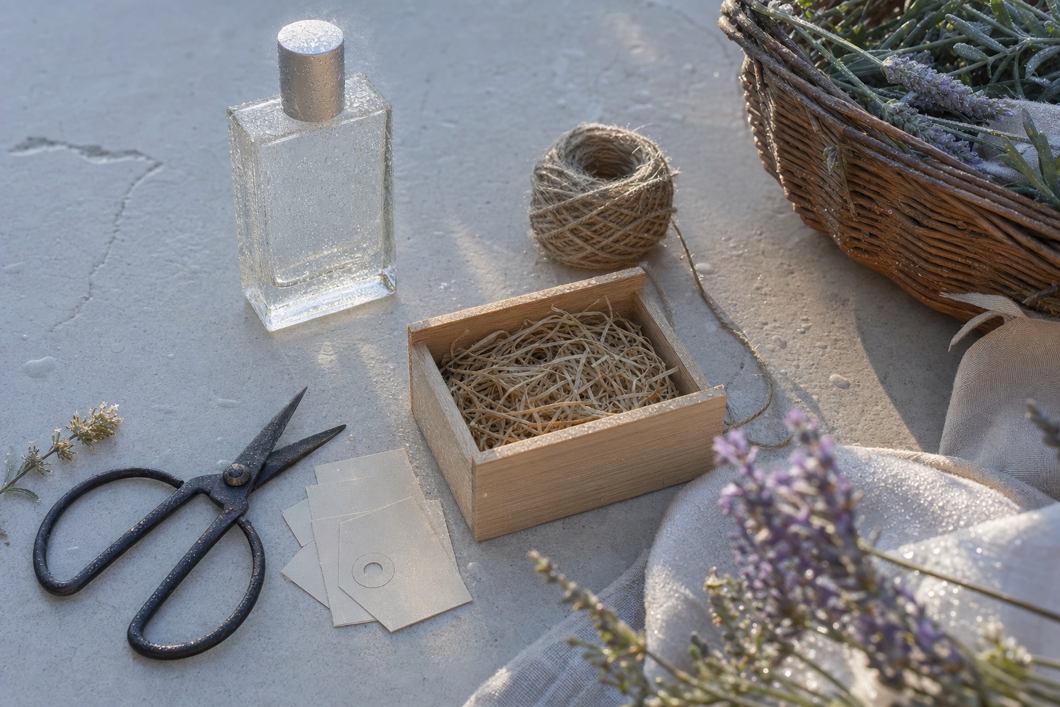 A packing table from above: a plain glass bottle, a small wooden box lined with wood wool, blank labels, twine and scissors on pale stone.
