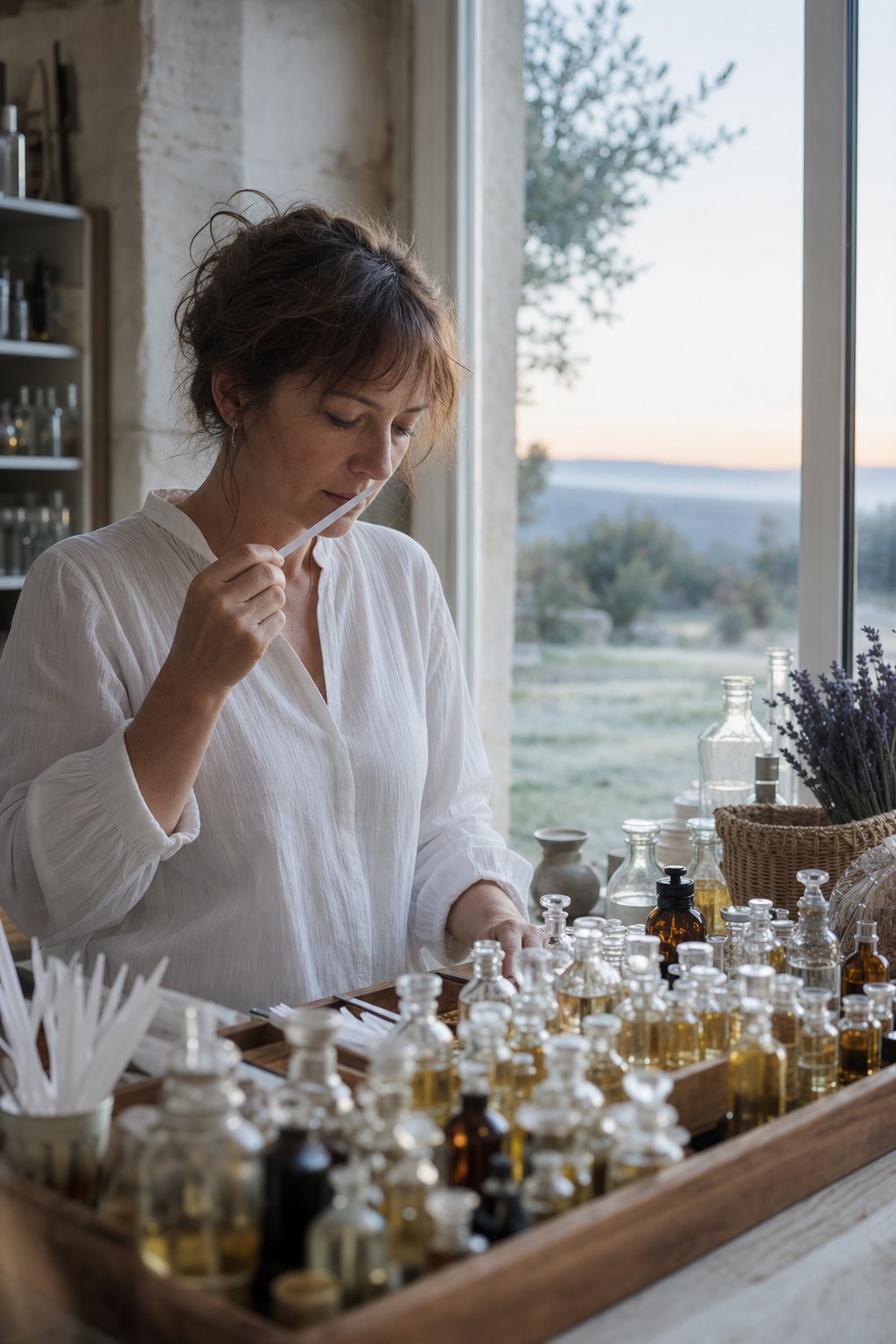 A woman perfumer at her perfumer's organ holding a paper smelling strip to her nose, surrounded by small glass bottles, lit by a large window.