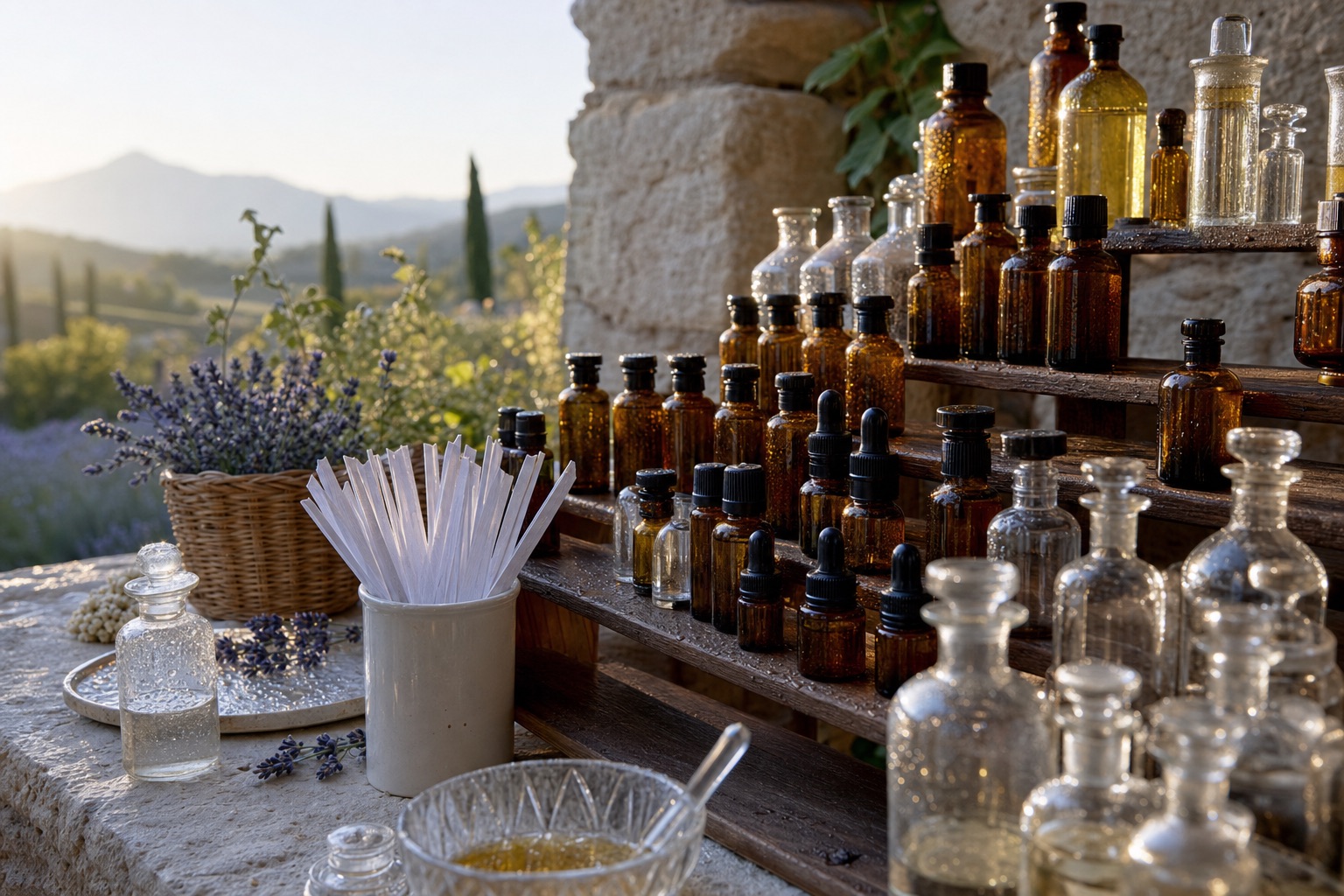 A perfumer's organ: tiered wooden shelves crowded with small amber and clear glass bottles of essences, with a stack of paper smelling strips in front.
